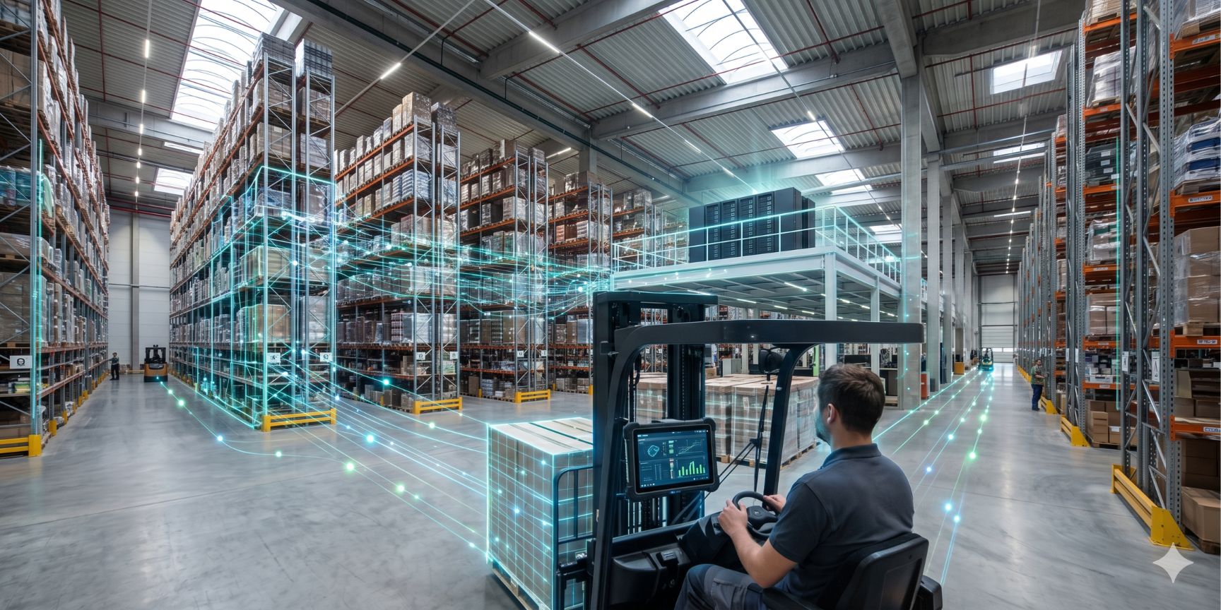 Modern warehouse with high racks, forklift trucks and digital data mesh that visualizes processes and inventories. Symbol of predictive AI logistics in the warehouse.